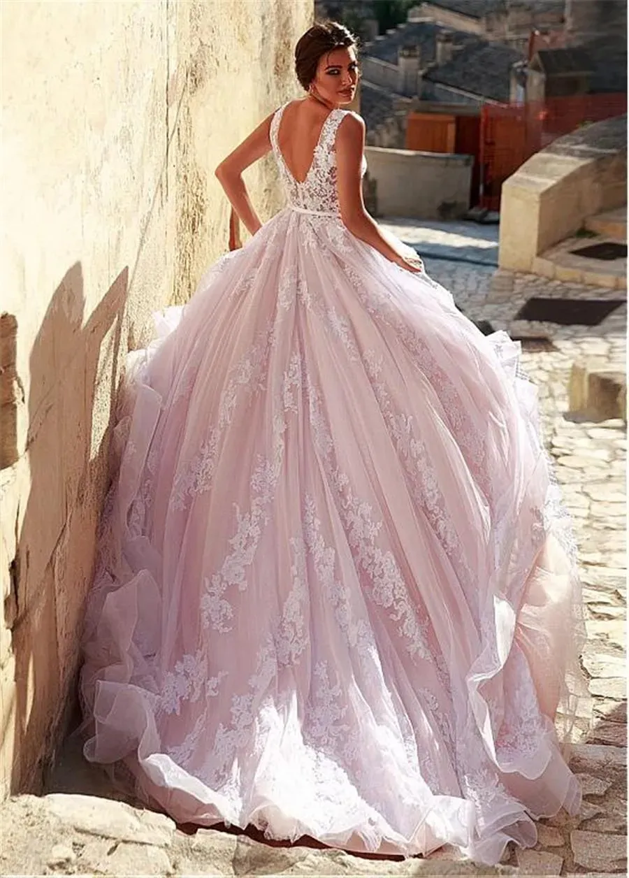 strapless open back dress Blush Pink Wedding Dress With Feathered Cape and Long A lIne Tulle Ski –  Lives of Sirens main image 1