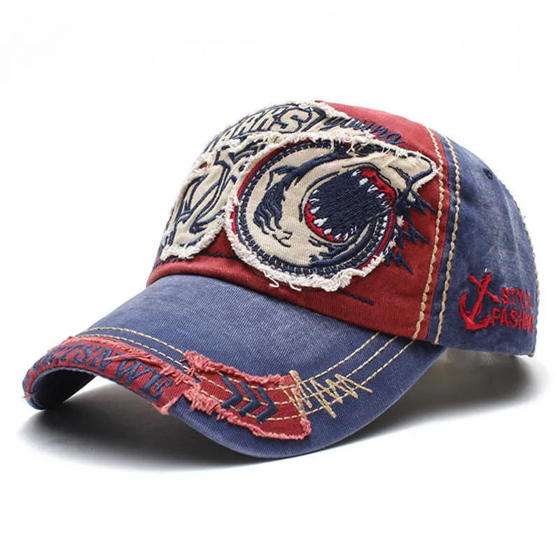 Vintage Shark Embroidered Fishing Denim Baseball Cap For Men And