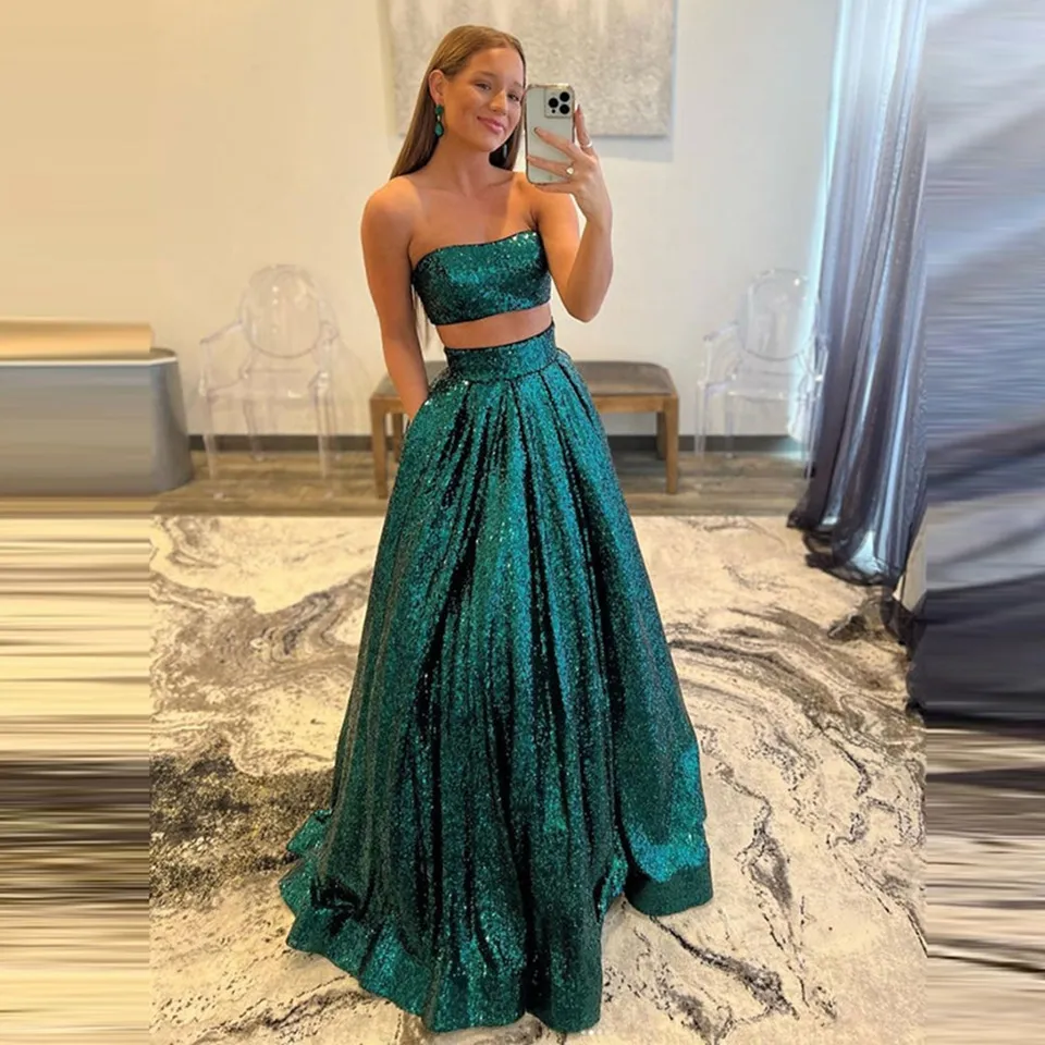 Green Prom Dresses Two Pieces Glitter Sequined Party 2023 A Line