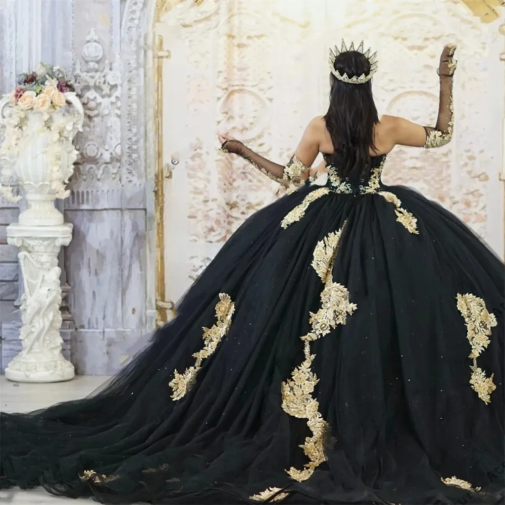 Vestido De Encaje Dorado Negro 15 Anos Vestido De Fiesta 2022