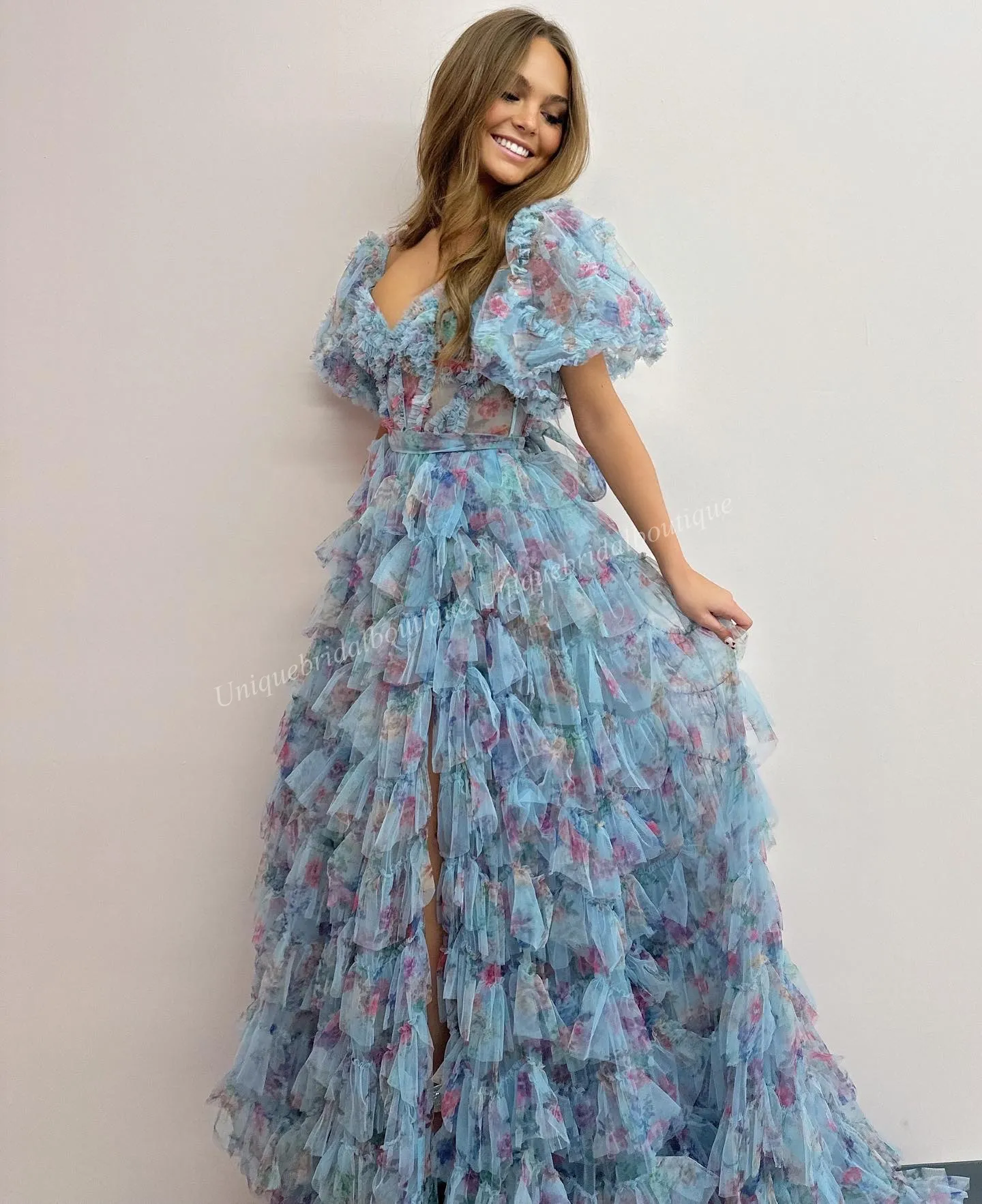Floral Sweetheart Coya Collection Prom Dresses with Puffed Sleeves, Ruffles, and High Slit