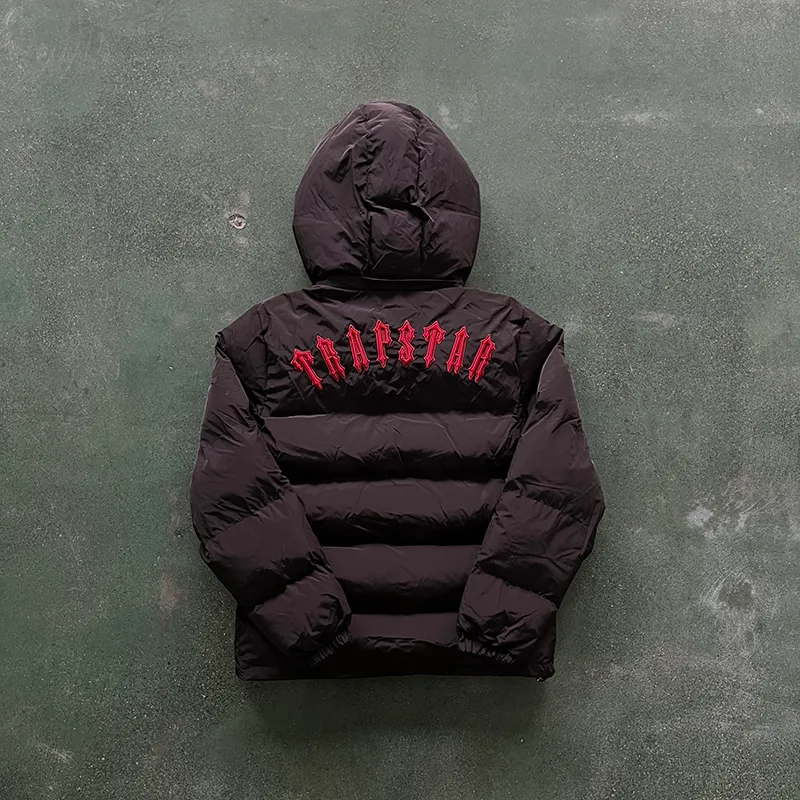 DHgate Fashion New Men s Winter Warm Trapstar London Hoodie Detachable Hooded Down et Black Red Embroidered Letter Coat Size XS XL Apparel