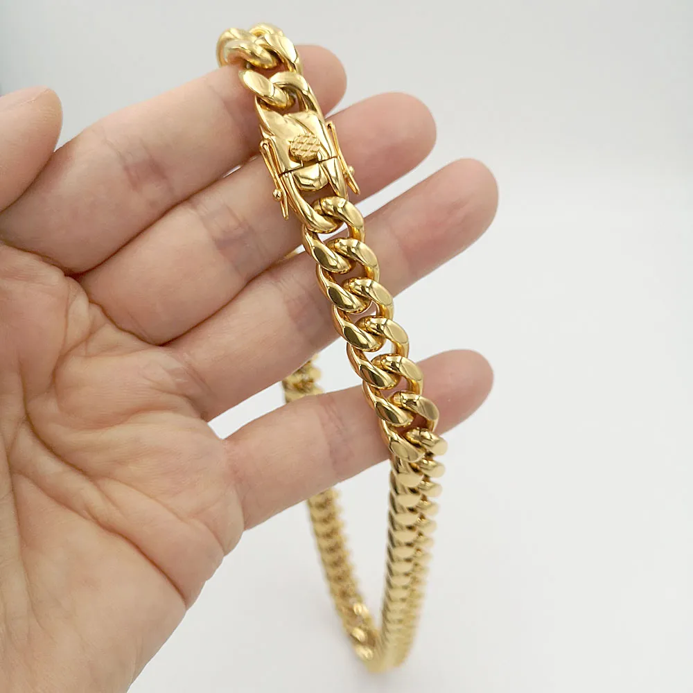 10mm Gold Plated Miami Cuban Link Chain Necklace - Stainless Steel - 18-40 Inch Men's