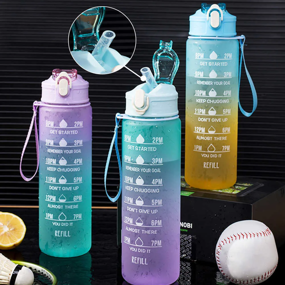 New Sports Water Bottle With Straw Time Marker Leakproof Cold