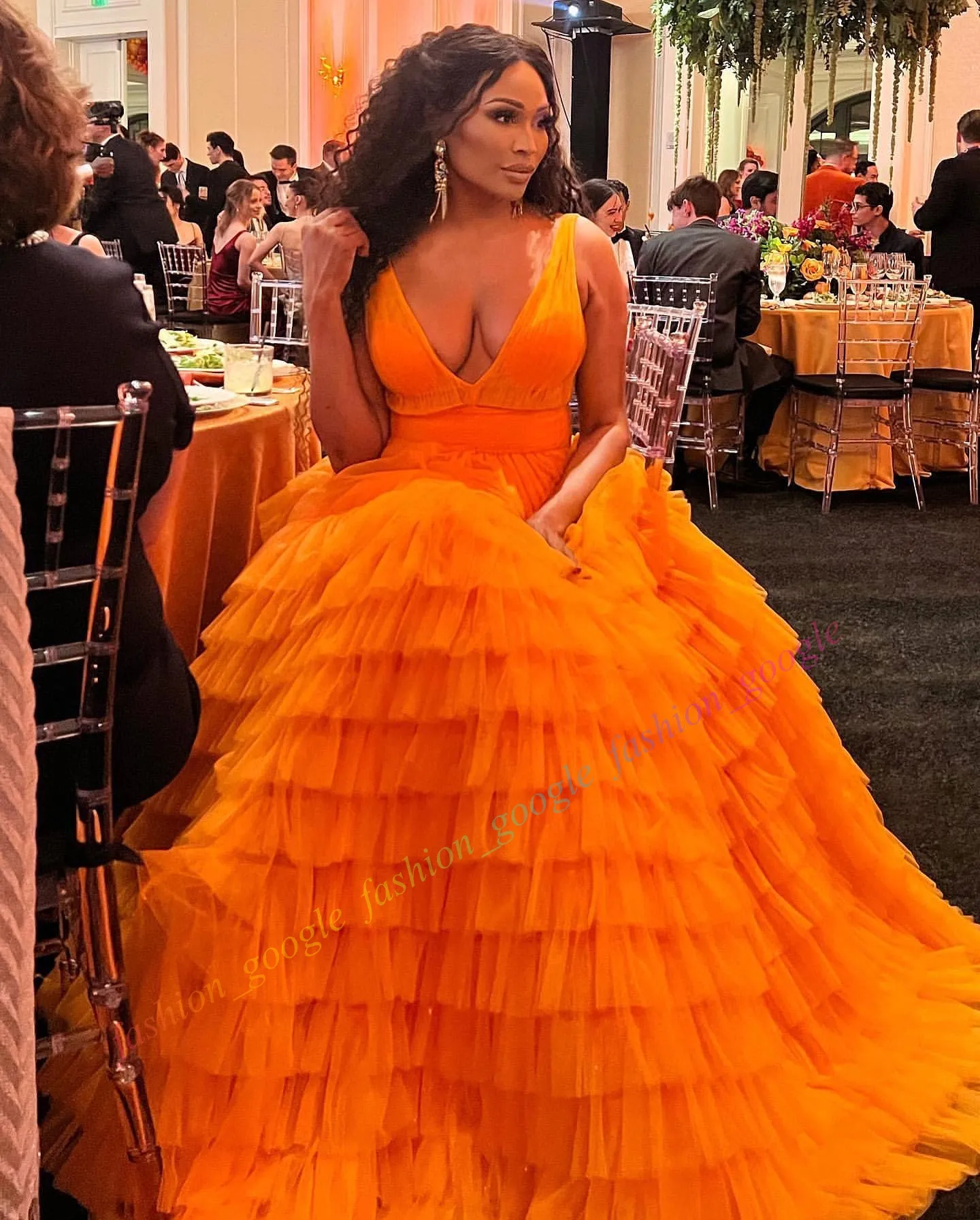 Orange Plunging V Neck Tulle ladies birthday dress with Ruffles and Layered Tulles for Winter Formal Events Pageants Proms Evening Events Lilac Color
