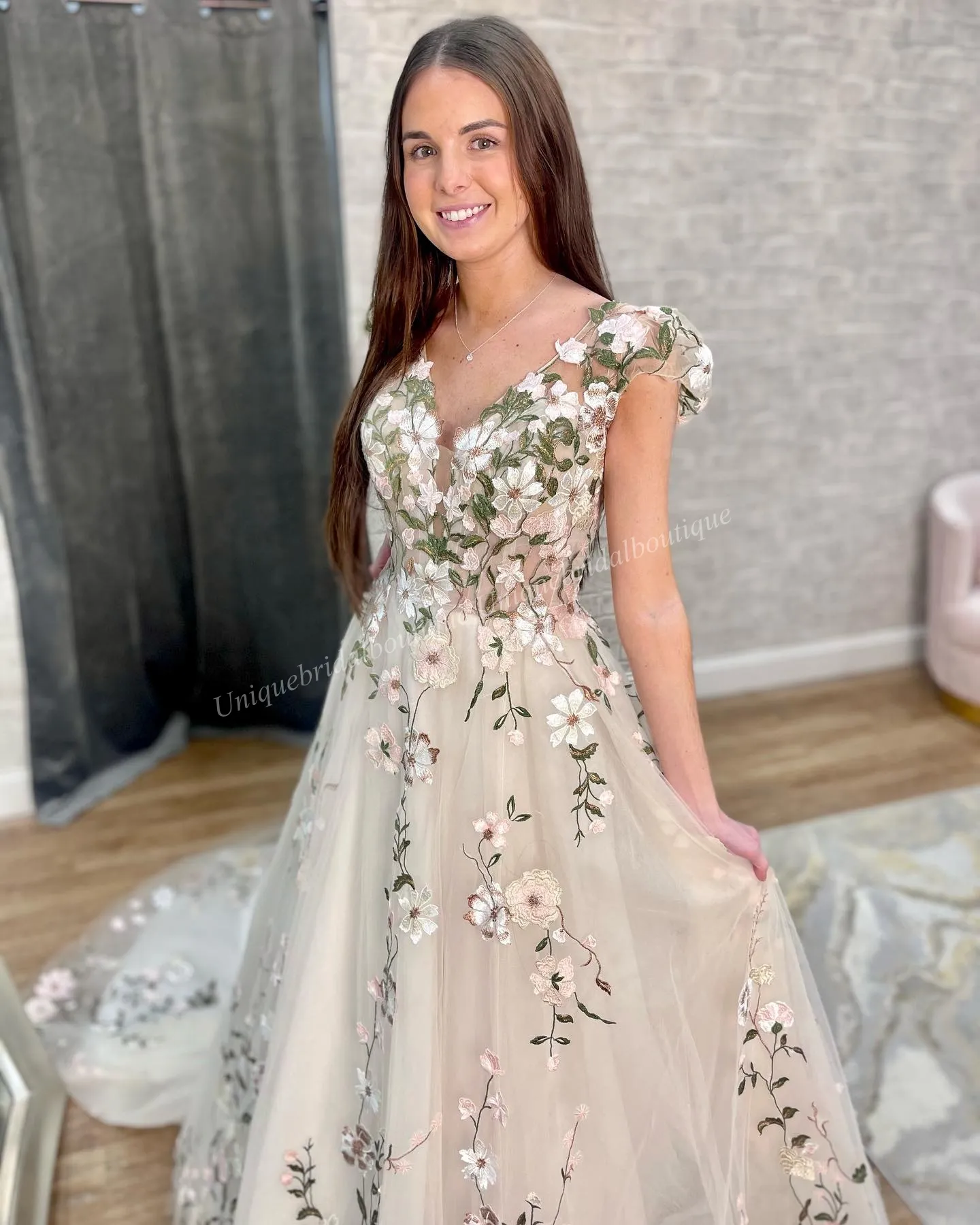 Boho Beach Embroidered wedding dress with Colorful Embroidered Lace, Cap Sleeves, Plunging V-Neck, Open Back, and Chapel Train - Vestidos de Novia