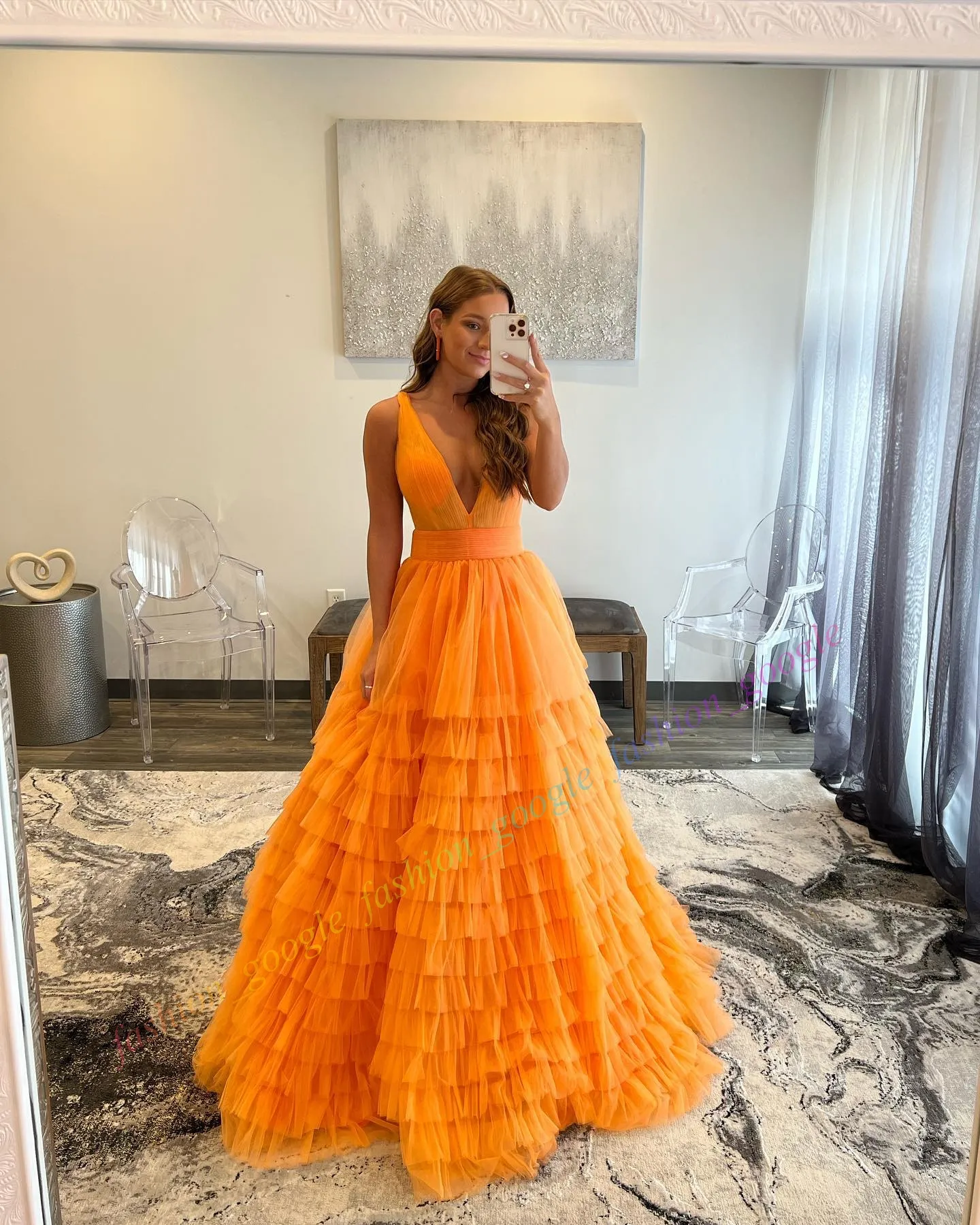 navy blue dress for baby girl Mermaid V Neck Glitter Slit Orange Split Prom Formal Dress TP1207 US14 / Custom Color main image 1