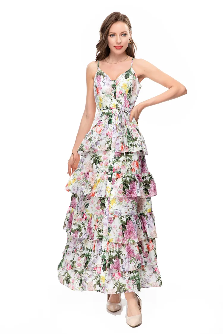 Women's Runway Dress Spaghetti Strap Floral Printed Tiered Ruffle  Floor-Length Polyester from Dhgate Runway Dresses - price 65.65
