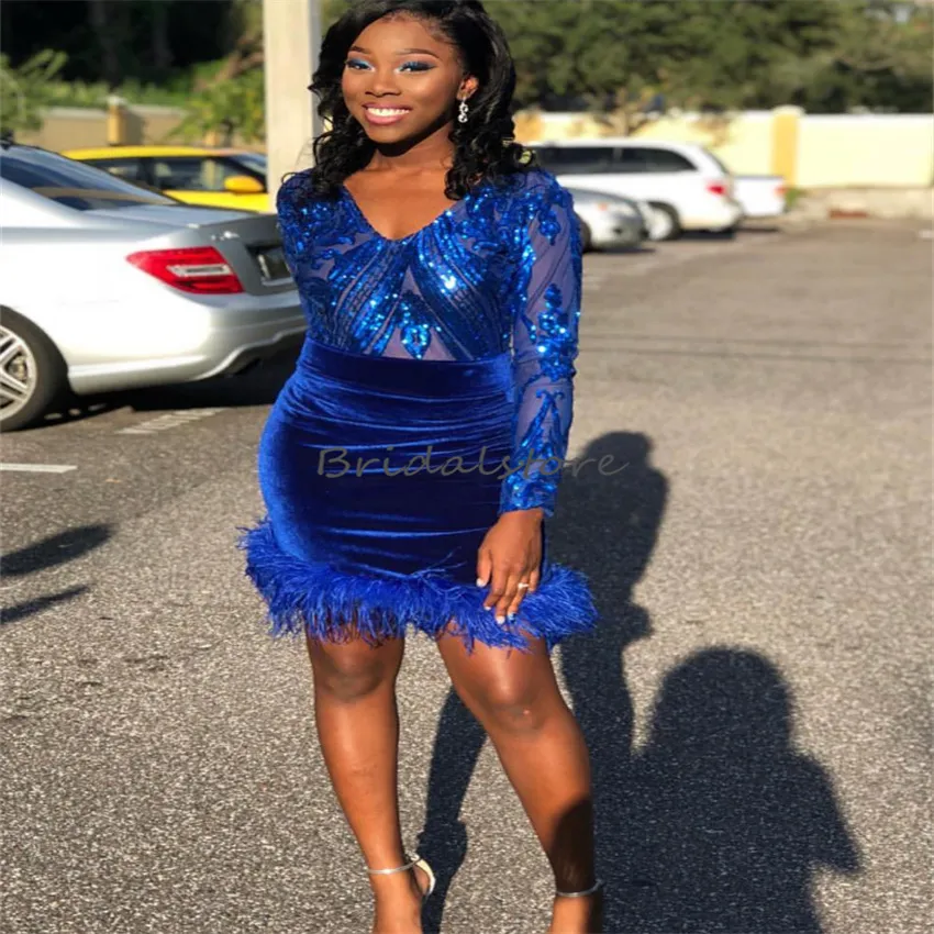 2023 Royal Blue Sequin Short Prom Dress With Feather, V Neck Sheah Cocktail  Party Dress In Velvet For Night Formal Graduation, Black Girls Homecoming  From Bridalstore, $102.49
