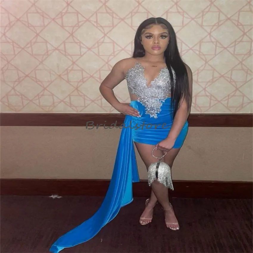 Blue Velvet Lace rhinestone prom dress for Black Girls - Cocktail Party Wear, Night Club Evening Skirt, Formal Homecoming Gown - Women's Robe Noche