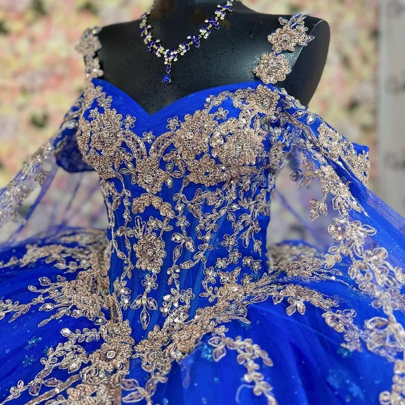 Blue Shiny Ball Gown Quinceanera Dresses 2024 Gold Applique Lace Beaded With Cape Sweet 16 Dress Vestidos De 15 Anos From 484 92 DHgate