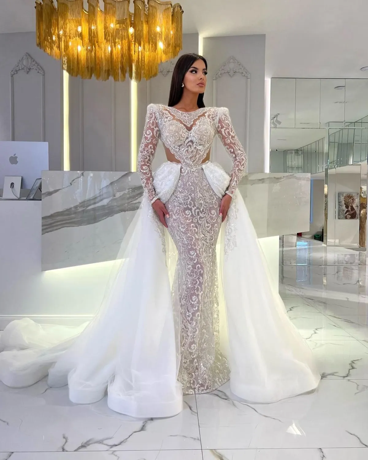long sleeve detachable train wedding dress Long Sleeve Mermaid Lace Wedding Dress with Removable Train  HAREM's Brides