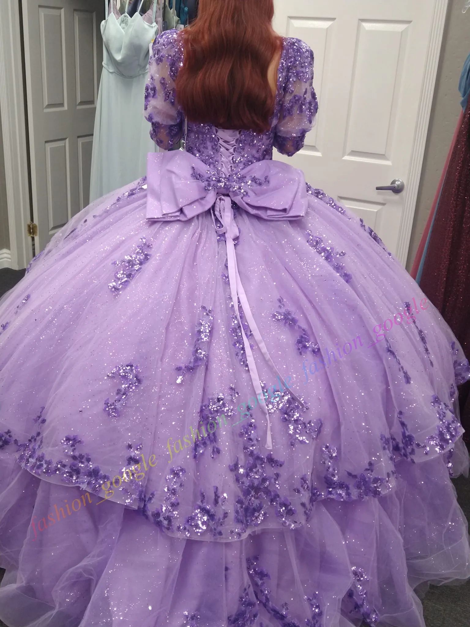 Mexican Glitter Tulle lilac butterfly quince dress with Detachable Long Sleeves and Choker - Perfect for Sweet 15/16 Birthday Parties, Proms, and