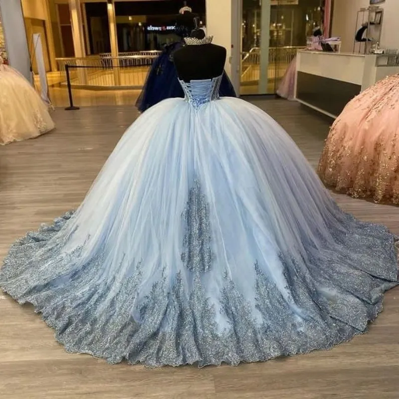 Sky Blue Lace Quinceanera Dresses Spaghetti Beaded Ball Gown Tulle Prom Gowns ,DS4615 main image 0