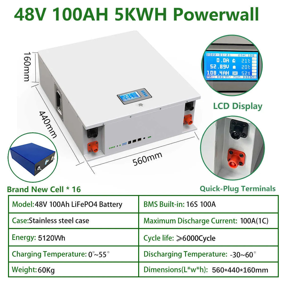 48V 100 Ah Lithium (LiFePo4) Batterie 16 Zellen 16S 5,12 KWH