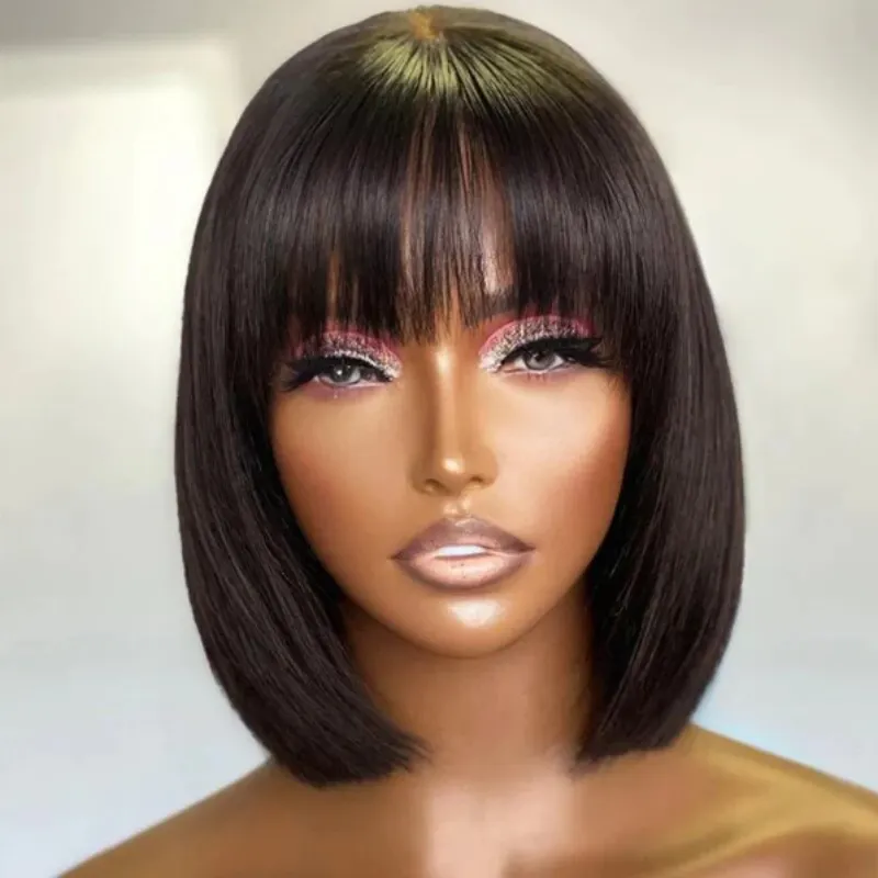 Short Bob Wig With Bangs Glueless Human Hair Wig Ready To Go
