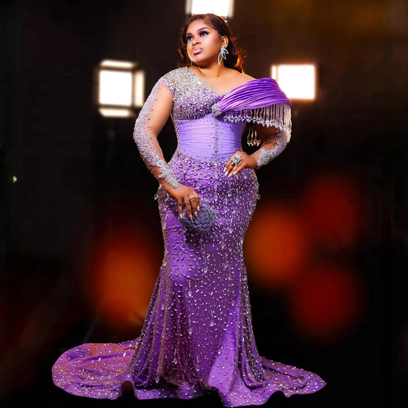 Luxurious Purple Plus Size Aso Ebi Prom Gowns Beaded Formal Party Evening Dress Second Reception Birthday Dresses African Arabic Engagement Beaded