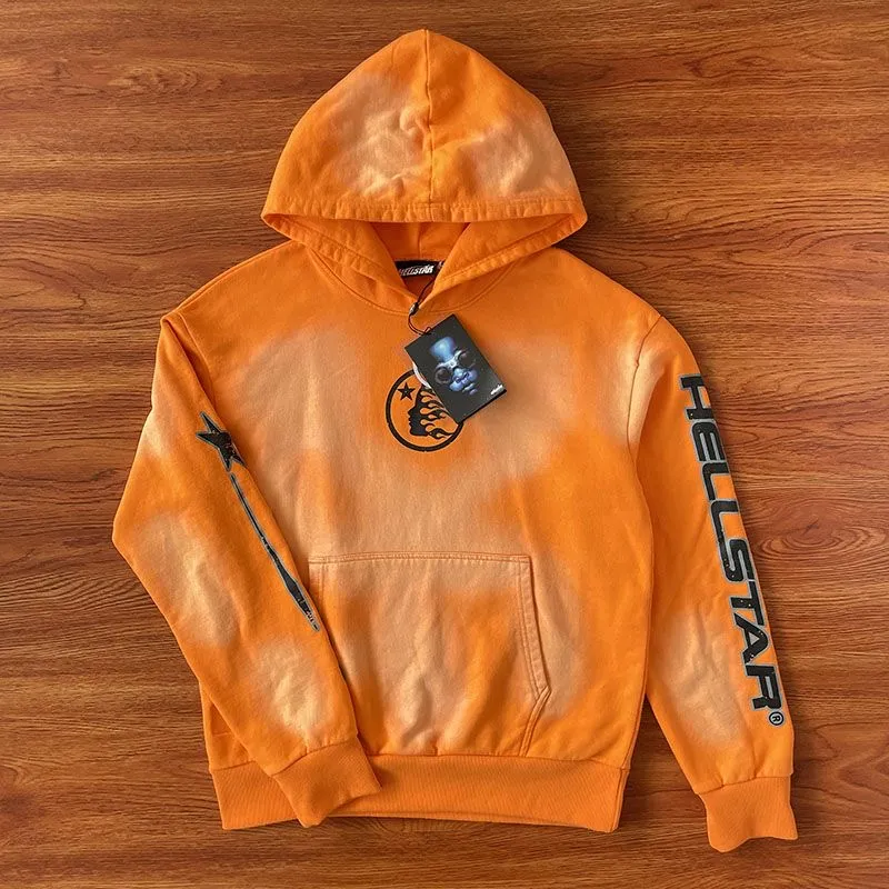 Hellstar Fire Orange Hoodie pants Orange wash heavy industry hoodie pant  set Yoga Hoody printing long sleeve Street hip-hop Tracksuits Correct  version ...
