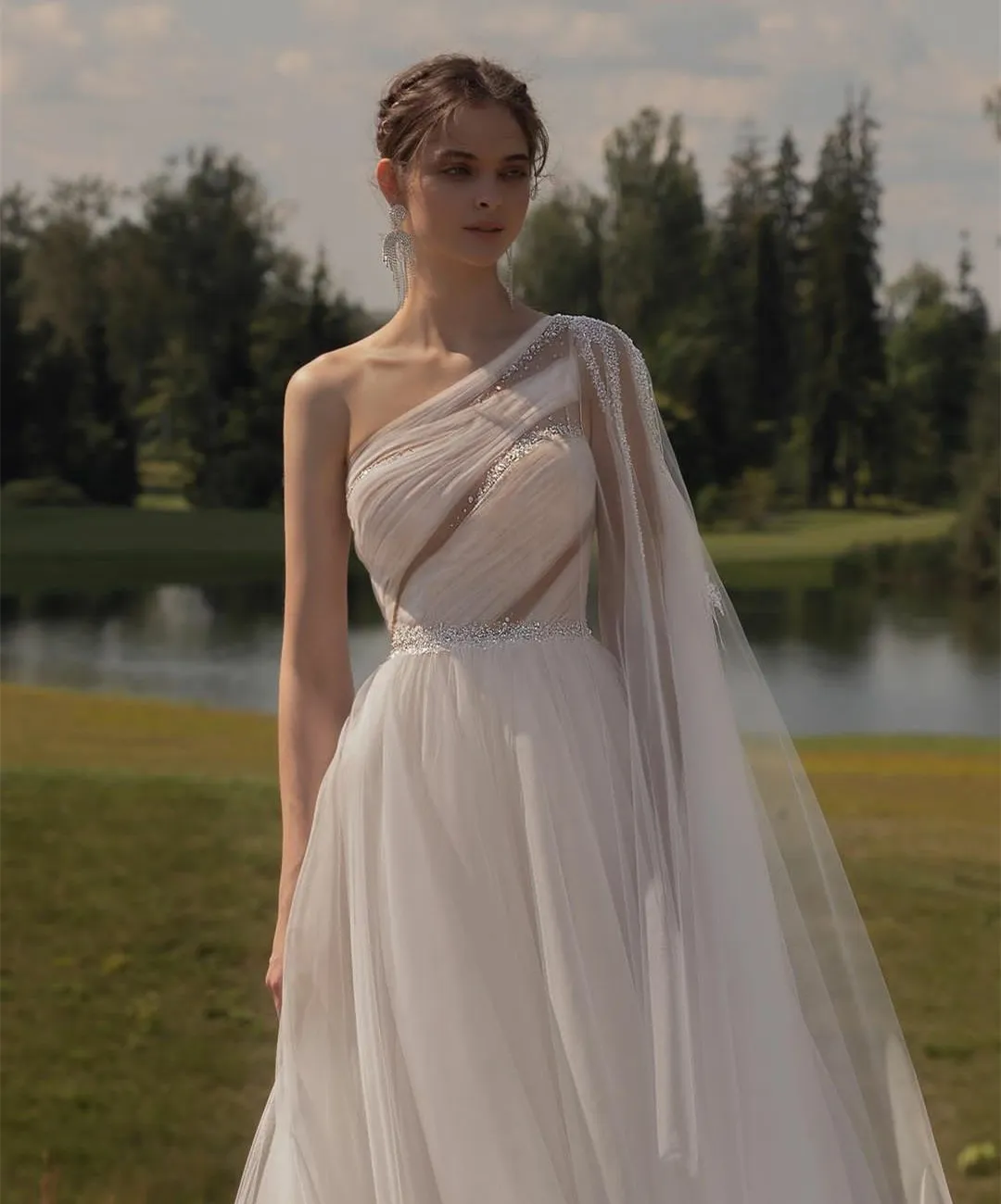 beaded one shoulder wedding dress One-Shoulder Wedding Dresses 2026 Elegant Women's A-Line Sleeveless Floor-Length Formal Wedding Gowns with High Split, Ivory main image 0