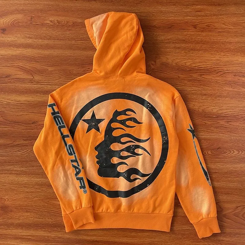 Hellstar Fire Orange Hoodie pants Orange wash heavy industry hoodie pant  set Yoga Hoody printing long sleeve Street hip-hop Tracksuits Correct  version ...