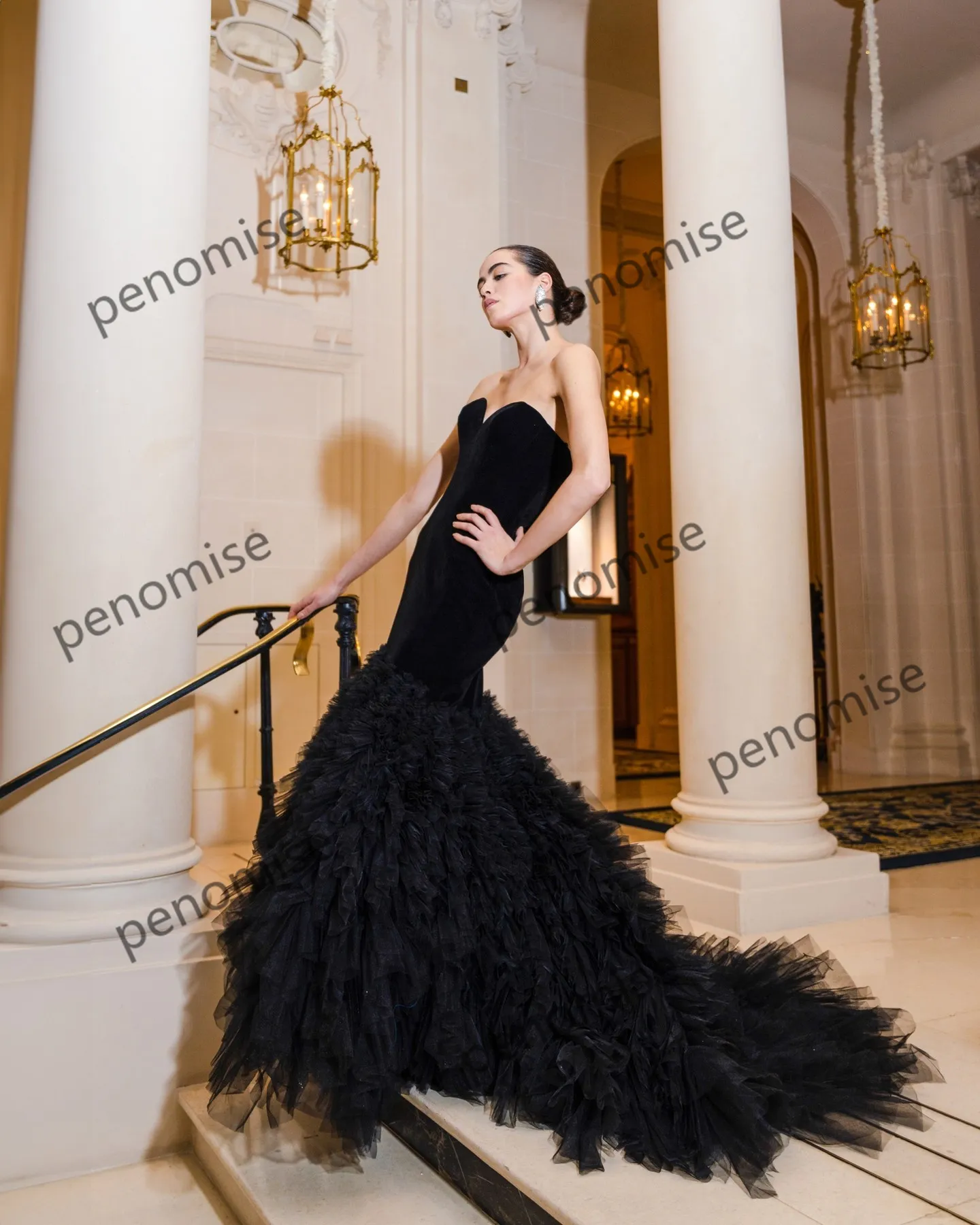 Black Mermaid Evening Dresses Women Strapless Maxi Gown Ruffles