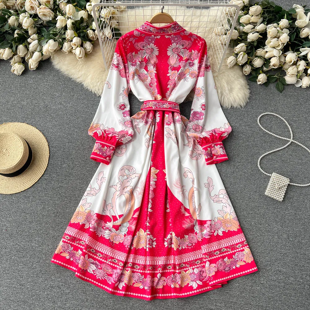 Casual Dresses 2023 Spring Autumn Runway Red Flower Shirt Dress Women Long Lantern Sleeve Single Breasted Belt Vintage Party Midi Vestidos