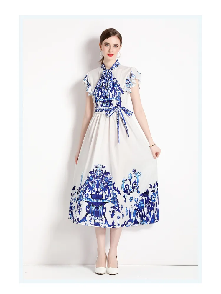 Casual Dresses 2023 Summer Runway Blue and White Porcelain Pleated Dress Women's Bow Neck Flying Sleeve A-Line Vintage Midi Vestidos