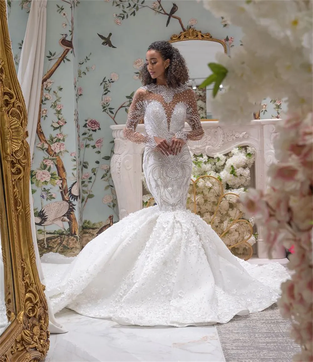 Crystal Beaded gorgeous mermaid wedding dresses - Elegant O Neck Full Sleeve Arabic Trumpet Bridal Gown