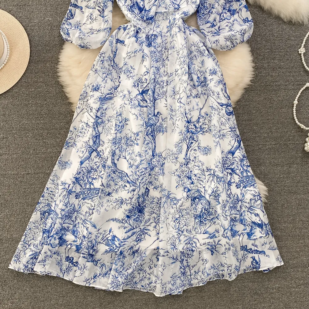 Casual Dresses 2023 Summer Fashion Runway Chiffon Long Dresses Women's Bow Neck 3/4 Puff Sleeve Elegant Floral Print Party Holiday Dress