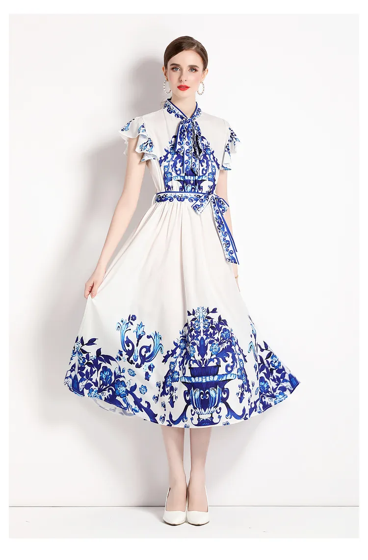 Casual Dresses 2023 Summer Runway Blue and White Porcelain Pleated Dress Women's Bow Neck Flying Sleeve A-Line Vintage Midi Vestidos