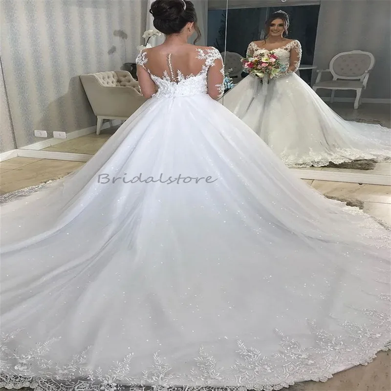 Boho Princess Wedding Dress Lace Ball Gown Long Sleeve Court Train