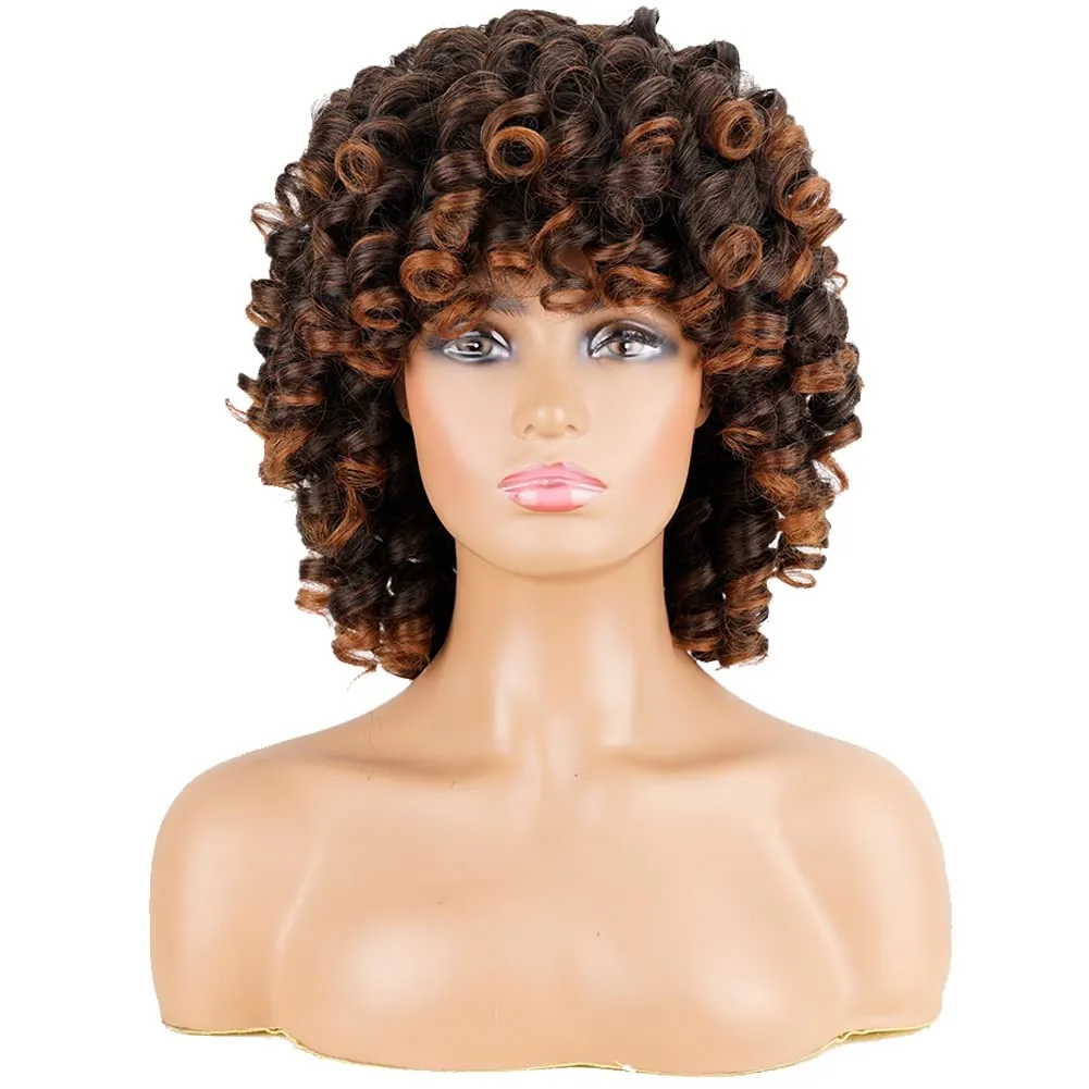 Perruque Afro Courte Bouclée Marron Ombré - Semi-naturelle (50% Humain), Avec Franges, Neuve