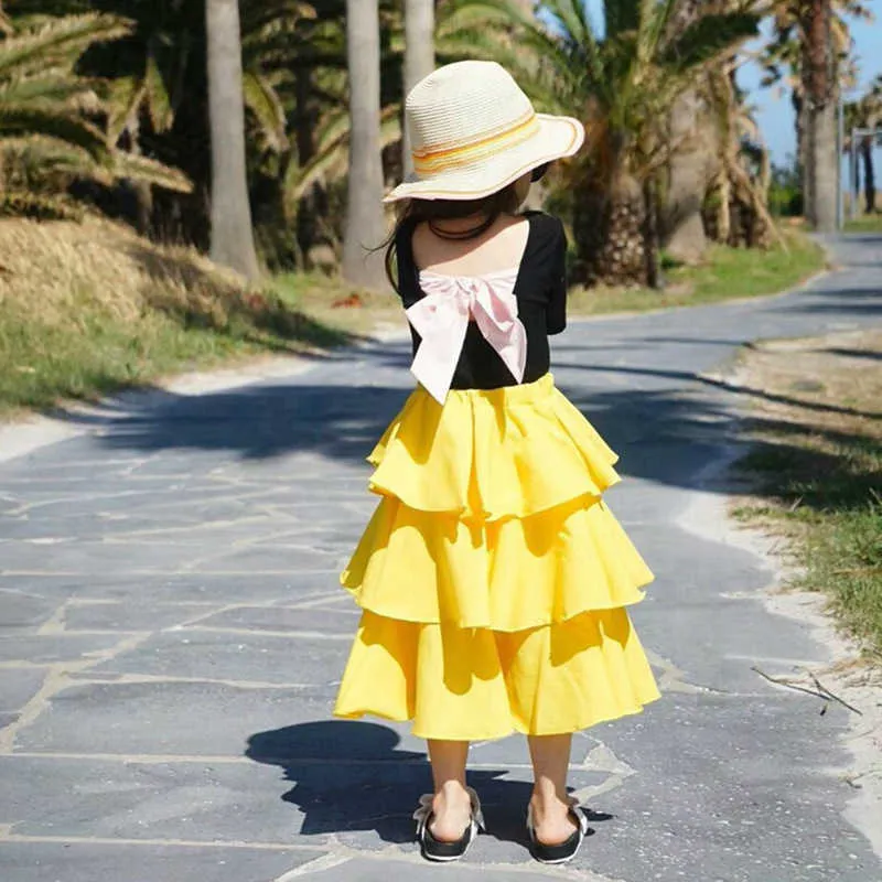 Girls Summer Outfit: Cute Bow Shirt Skirt Set Fashionable Kids