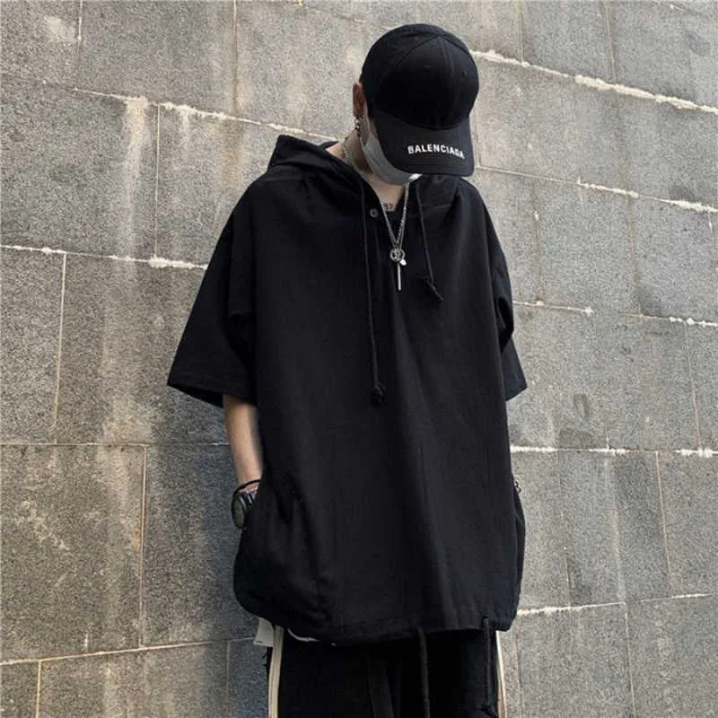 Mens T Shirts Streetwear Fashion Men Hooded T Shirt Harajuku Casual T Shirts Short Sleeve Summer Thin Solid Black Tee With Hood And Pockets Y2302 From 13 72 DHgate