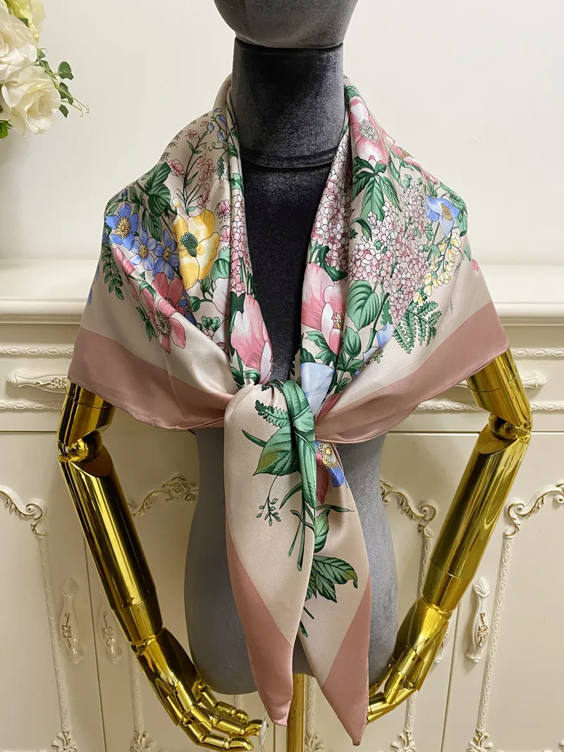 【eL×ONE】Flower Large Scarf Jeelow 100% Luxurious Mulberry Silk Large Square Scarf Shawl