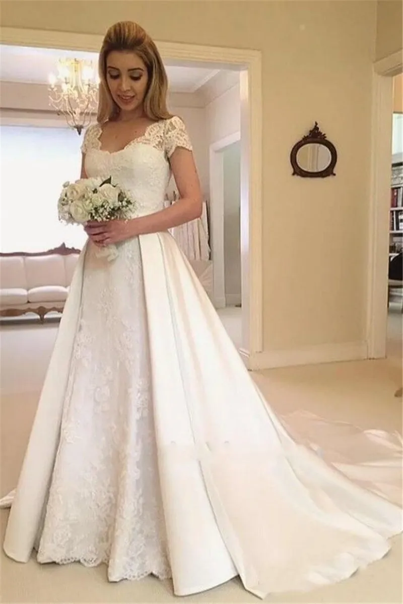 Satin wedding dress with cap sleeves cheap