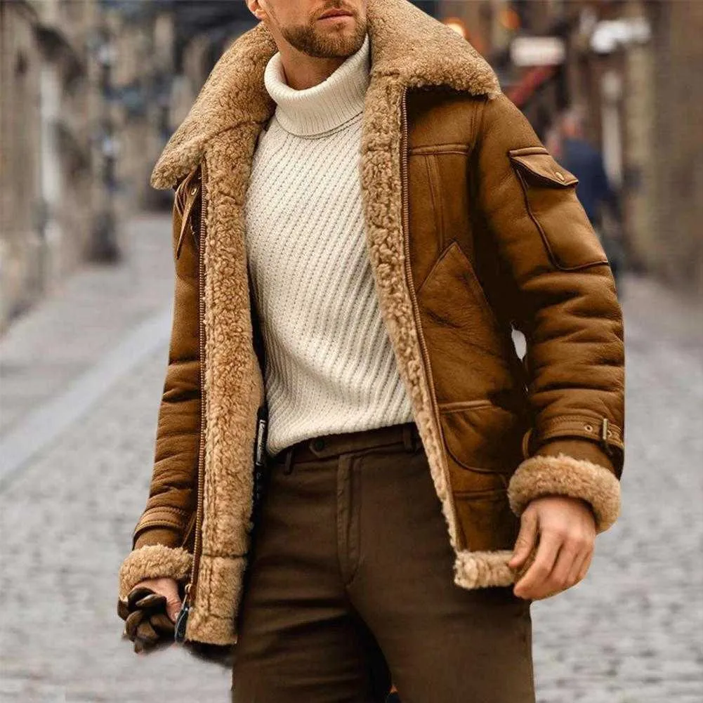 Men s Jackets Men Jacket Contrast Color Patchwork Plush Lining Turndown Collar Zipper Coldproof Winter Faux Fur Outerwear Streetwear Y2302