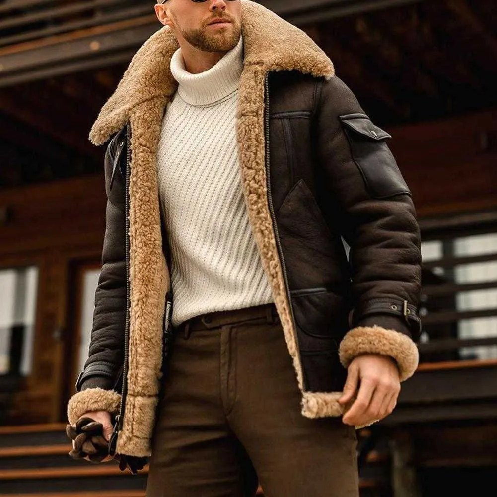 Mens Contrast Color Patchwork Plush Lined Jacket With Turndown