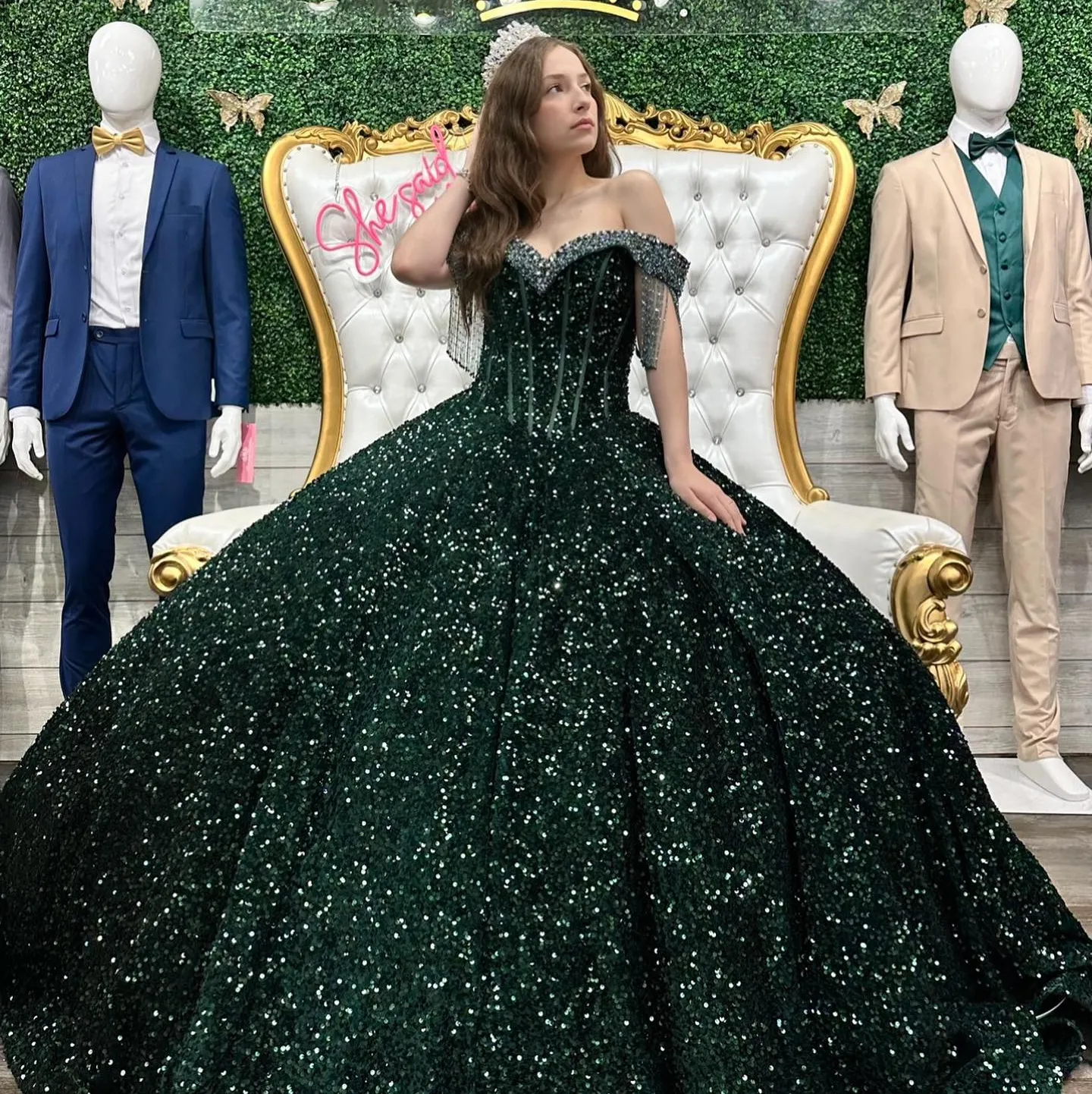 sachin and babi light blue dress Emerald Green and Gold Embroidered Quinceanera Ball Green Ball Gown with Applique Pearls and Beading, Off-Shoulder Puffy Tulle Sweet 16 Dress main image 0