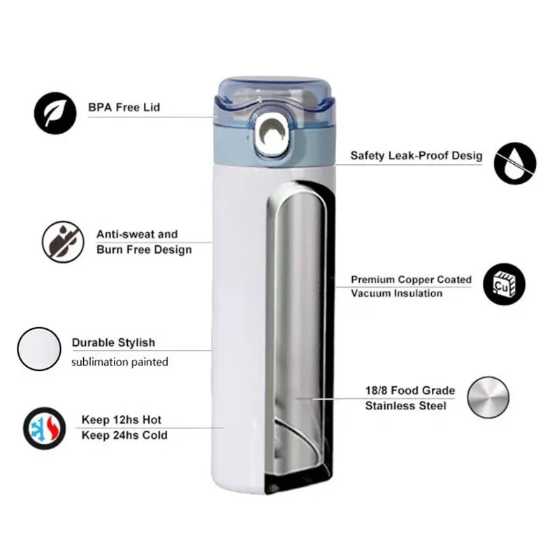 Portable Sublimation Blanc 12 oz 15 oz Thermos Flacon Bouteille D'eau Double Paroi En Acier Inoxydable Tasses Isolées Sous Vide Tasse Voyage Droite Sport Gobelet Avec Couvercles
