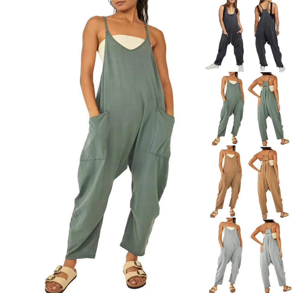 Dames tuinbroek casual losse overall wijde pijpen lange jumpsuits met zakken dames vakantie tuinbroek (kleur: legergroen, maat: XXL