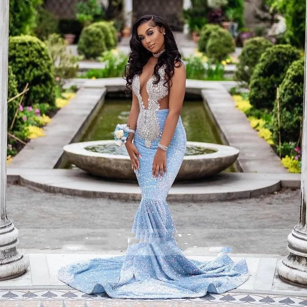 Black Girls Sparkly Sheer O Neck Blue Mermaid Prom Dress With Bead Sequins  2023 Birthday Party Mermaid Evening Gown From Sweety_wedding, $141.7