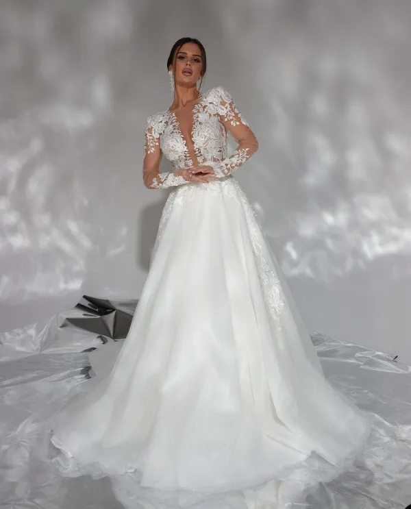 Long Sleeve Floral Bridal Gown And Deep V Neck T242053_Elena-Lovely Stretch  Crepe Fit Flare Gown