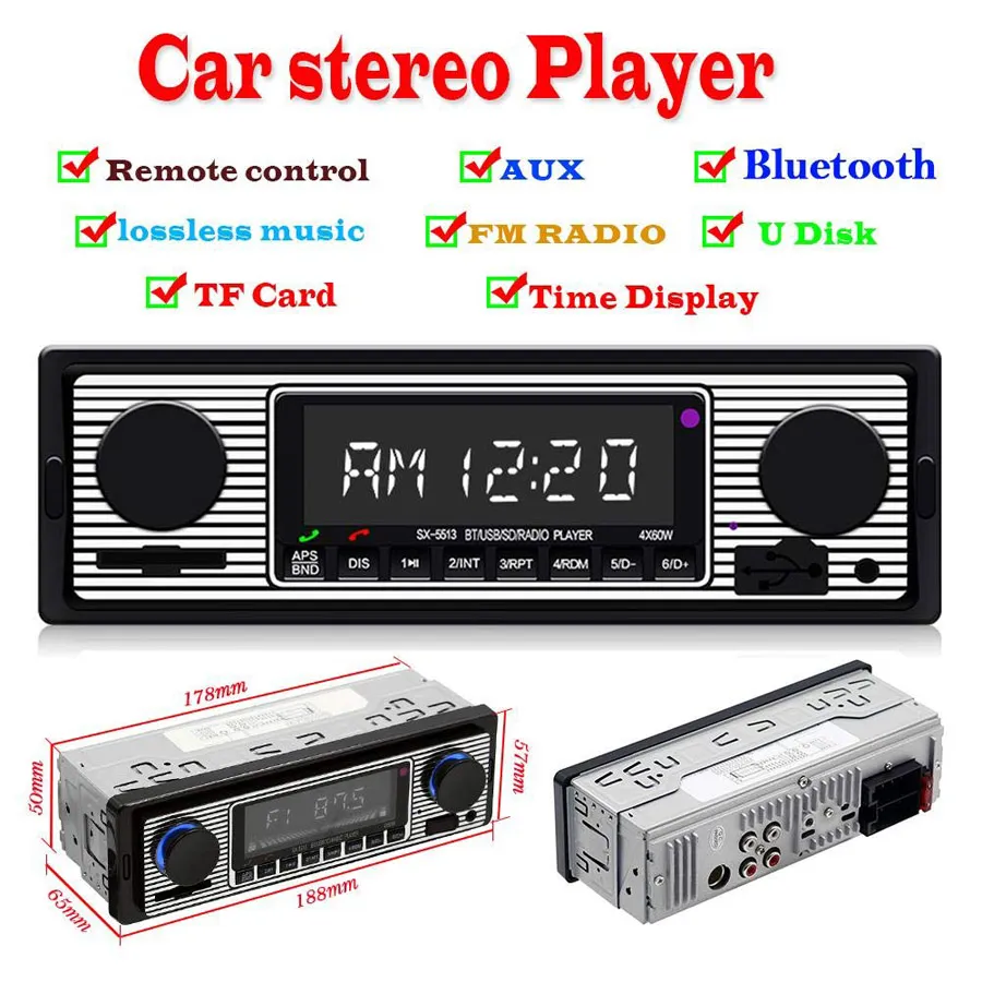 Vintage Style Bluetooth Car Stereo – Single Din, FM Radio, USB, MP3 Player, 60Wx4
