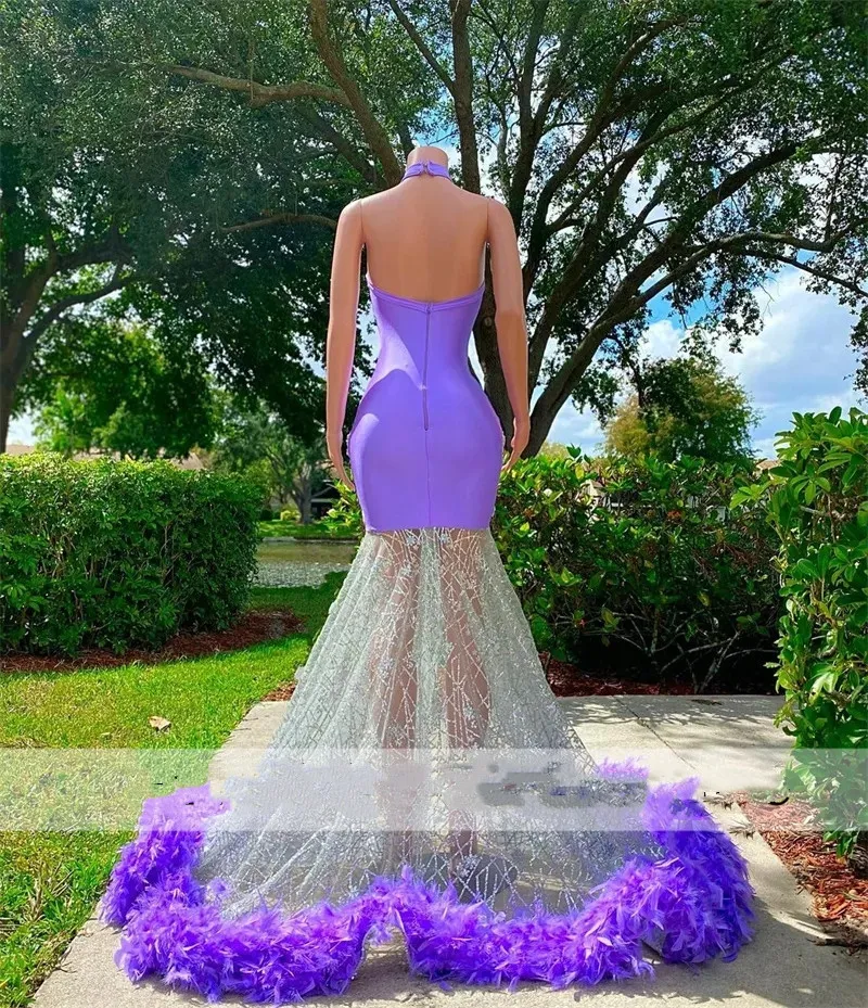 Lavender Mermaid Purple Mermaid Prom Dress 2023 with Halter Neckline, Feathers, and Beads - Perfect for Aso Ebi, Birthday Parties, Formal Events, or