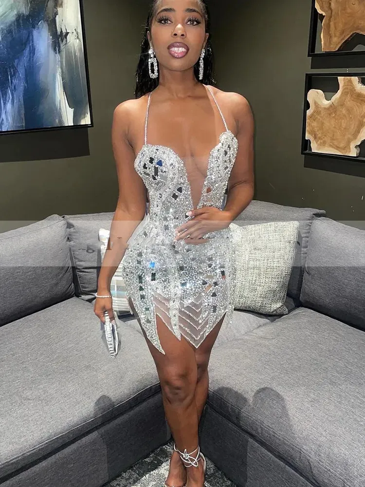 Silver Backless Short Prom Dress For Black Girls Sexy Robe Party