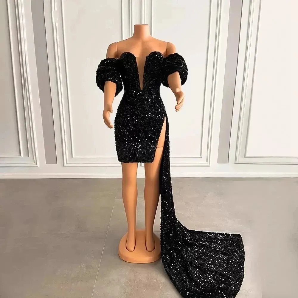 Black Sequined Short Homecoming Dress with Puffy Sleeves and Side Split for Prom 2024 Party