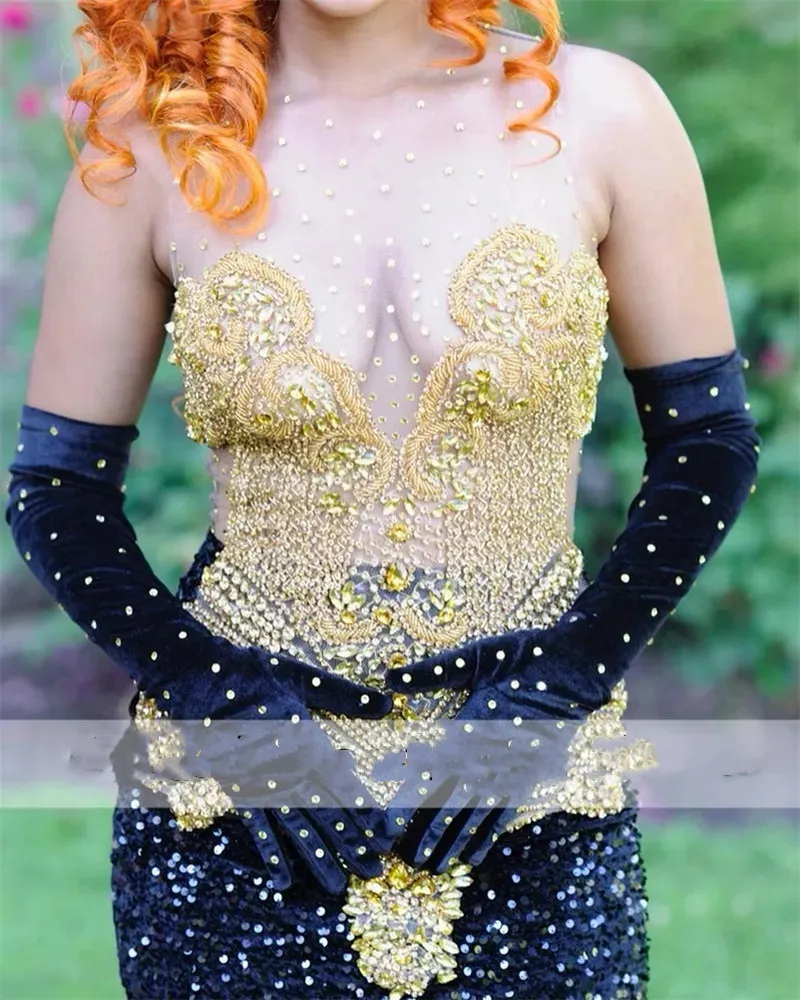 2023 Custom Beaded Mermaid prom dress with gloves for Black Girls - O Neck, Plus Size, Ruffles, Evening Gown
