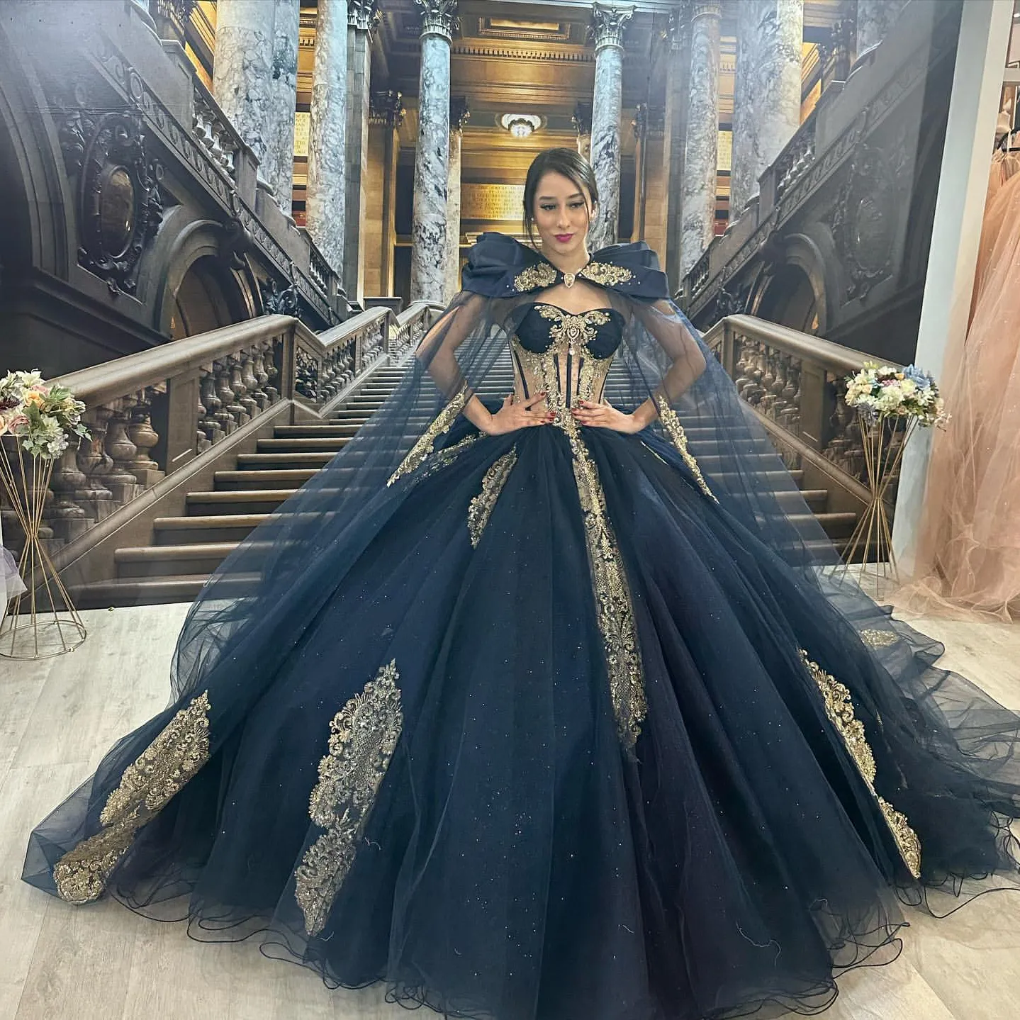 Navy blue and gold quinceanera dress 2025