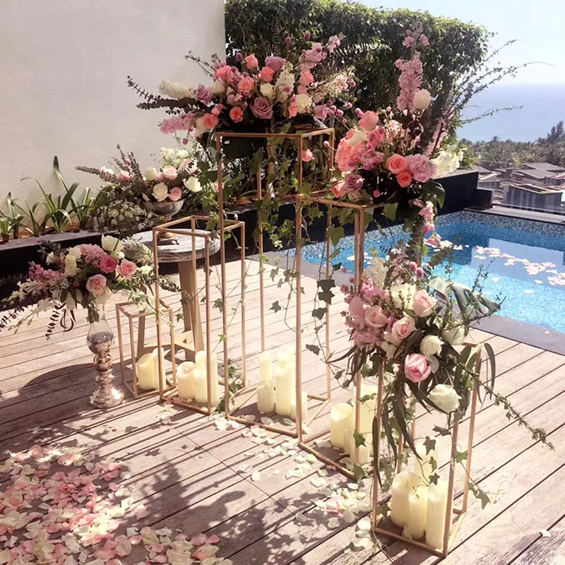 Gold Tall Rectangle Metal Frame Flower Stand Centerpiece For Wedding ...